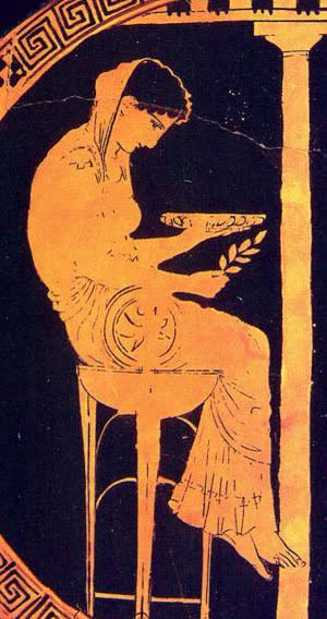 Themis, o Oráculo de Delfos, kylix de figura vermelha ateniense C5 aC, Antikensammlung Berlin