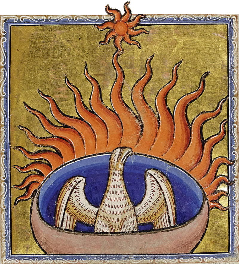 A fênix em chamas sobre o ninho, com o sol acima: o fogo que a consome é o mesmo que a faz renascer. Iluminura do Bestiário de Aberdeen, manuscrito inglês de cerca de 1200, Biblioteca da Universidade de Aberdeen.